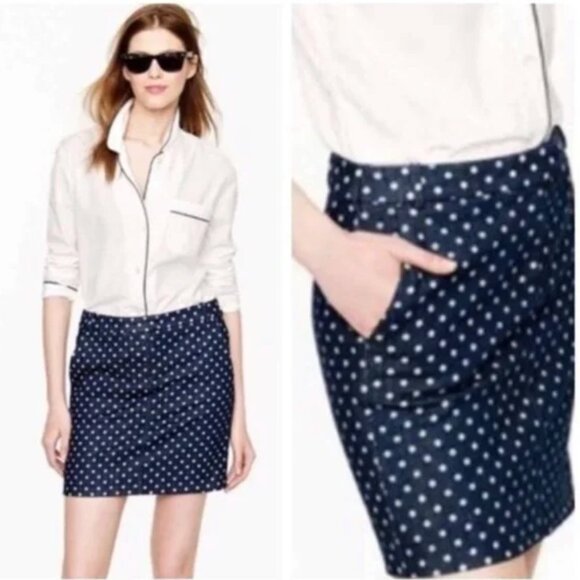 J. Crew Postcard Mini Skirt in Indigo Dark Denim White Polka Dot Pockets Sz 8 - Picture 1 of 9